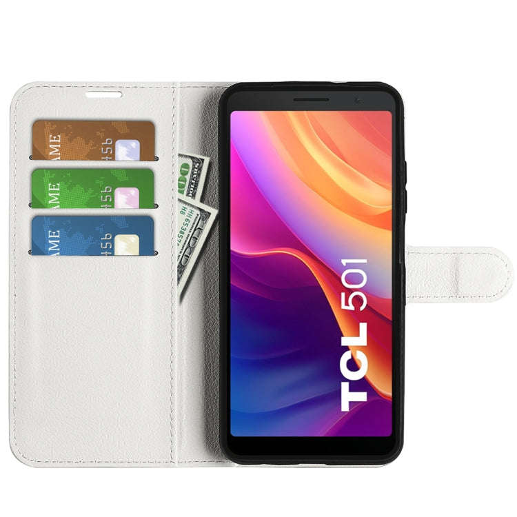 For TCL 501 Litchi Texture Horizontal Flip Leather Phone Case with Holder(White)