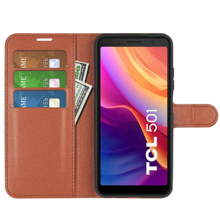 For TCL 501 Litchi Texture Horizontal Flip Leather Phone Case with Holder(Brown)