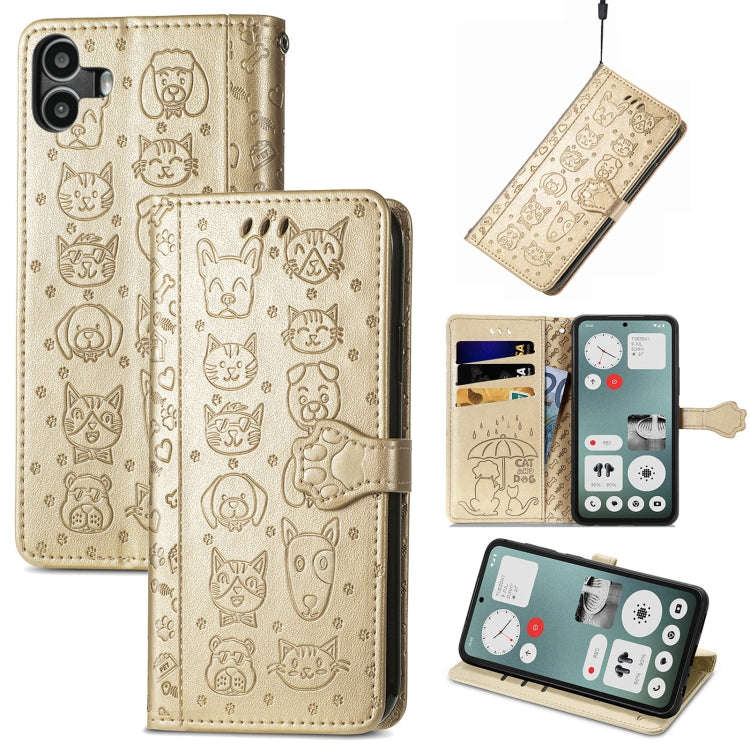 For Nothing CMF Phone 1 Cat and Dog Embossed Leather Phone Case(Gold)