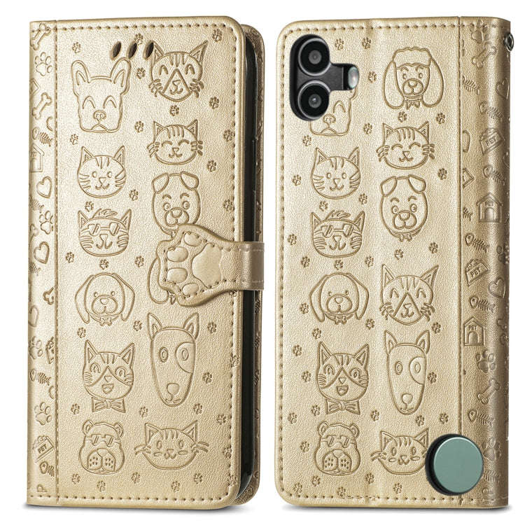 For Nothing CMF Phone 1 Cat and Dog Embossed Leather Phone Case(Gold)