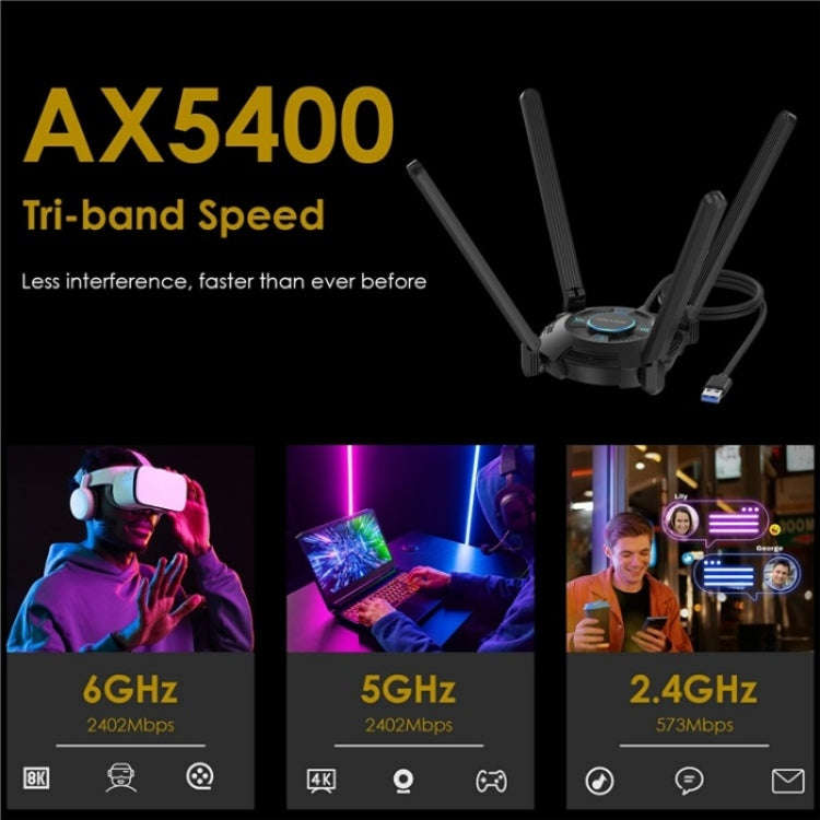 WAVLINK WN695X2 AX5400 USB WiFi 6 Dongle 4 Antennas Receiver Tri-Band Wireless Adapter