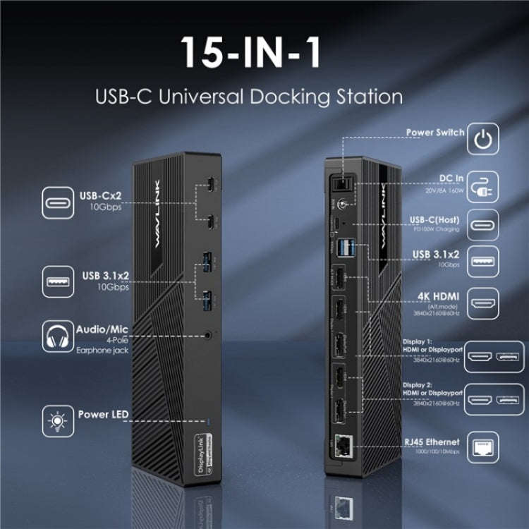 WAVLINK UG69PD25 Pro 100W PD Charging Triple 4K Display Laptop Docking Station, Plug:AU Plug