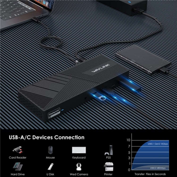 WAVLINK UG69PD25 Pro 100W PD Charging Triple 4K Display Laptop Docking Station, Plug:AU Plug