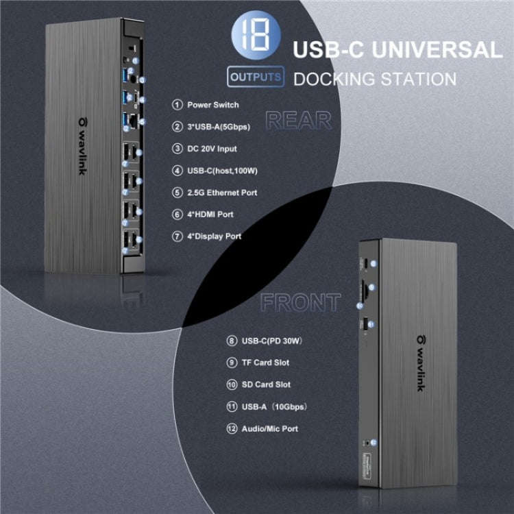 WAVLINK UG69PD8 Pro 18-in-1 DP / HD 5K Quadruple Display USB C Universal Docking Station, Plug:US...