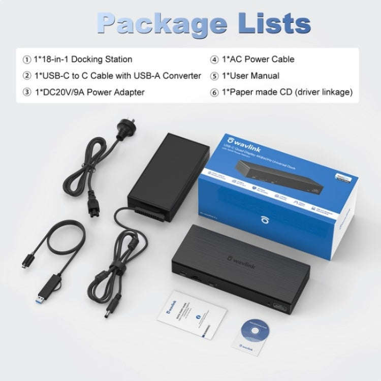 WAVLINK UG69PD8 Pro 18-in-1 DP / HD 5K Quadruple Display USB C Universal Docking Station, Plug:US...