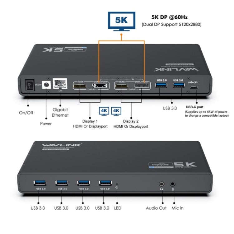 WAVLINK UG69PD6 Dual 4K Laptop Docking Station 5K HD Displaylink 65 / 100W PD Charging, Plug:UK Plug