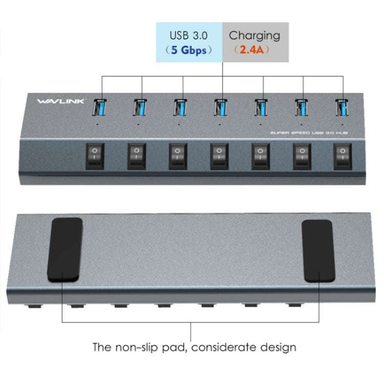 WAVLINK UH3076 5Gbps 7-port USB 3.0 Hub with Independent Switch and LED Indicator(EU Plug)