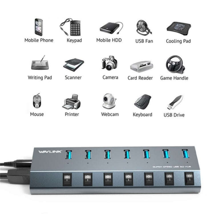 WAVLINK UH3076 5Gbps 7-port USB 3.0 Hub with Independent Switch and LED Indicator(EU Plug)