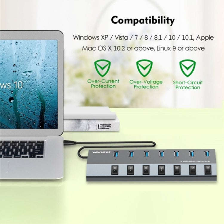 WAVLINK UH3076 5Gbps 7-port USB 3.0 Hub with Independent Switch and LED Indicator(EU Plug)