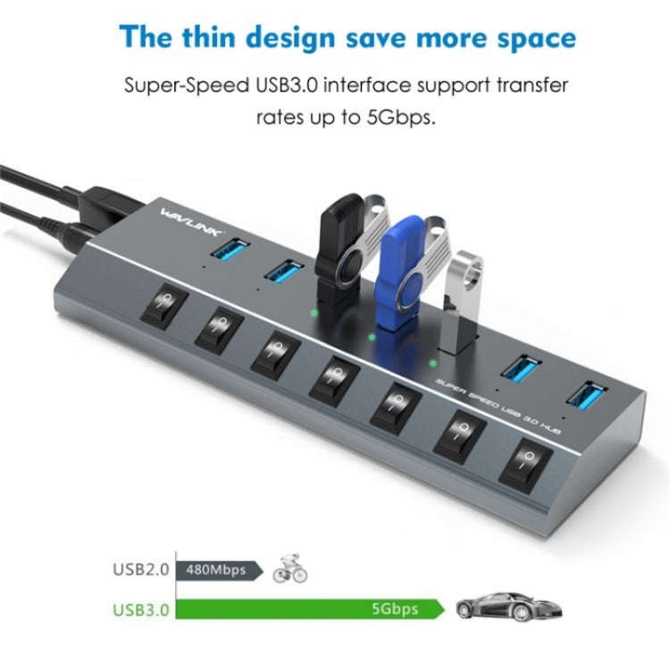 WAVLINK UH3076 5Gbps 7-port USB 3.0 Hub with Independent Switch and LED Indicator(EU Plug)