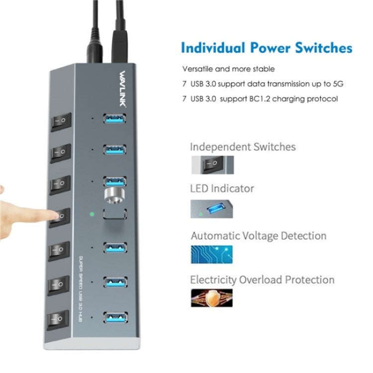 WAVLINK UH3076 5Gbps 7-port USB 3.0 Hub with Independent Switch and LED Indicator(EU Plug)