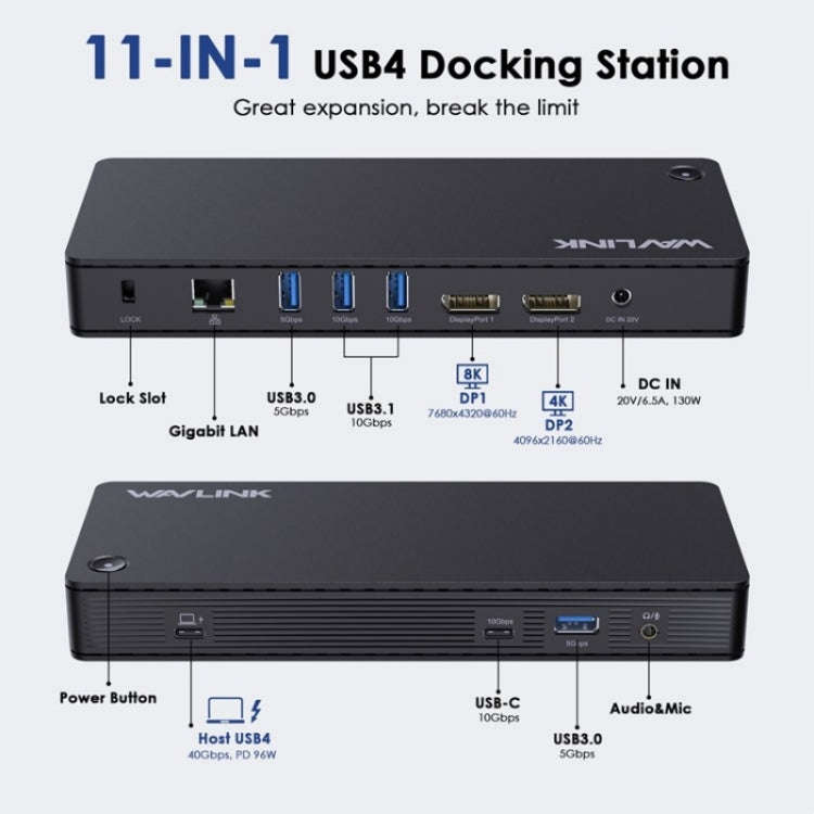 WAVLINK UTD22 Support 96W Laptop Charging USB4 Docking Station Dual Monitor USB-C Hub(UK Plug)