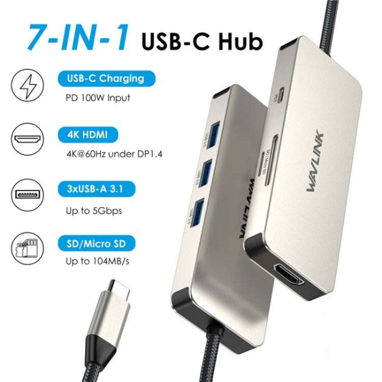 WAVLINK UHP3416 7-in-1 PD100W Charging SD / TF Card Reader 4K HD Type-C Docking Station(Silver)