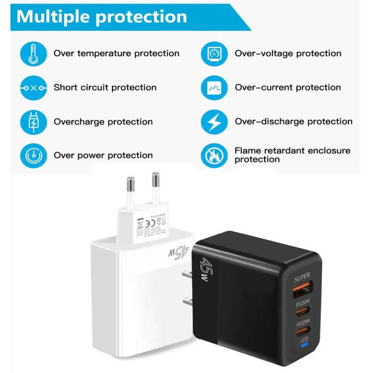 45W PD3.0 / PPS Type-C + QC3.0 USB Fully Compatible Protocol Charger, US Plug(Black)