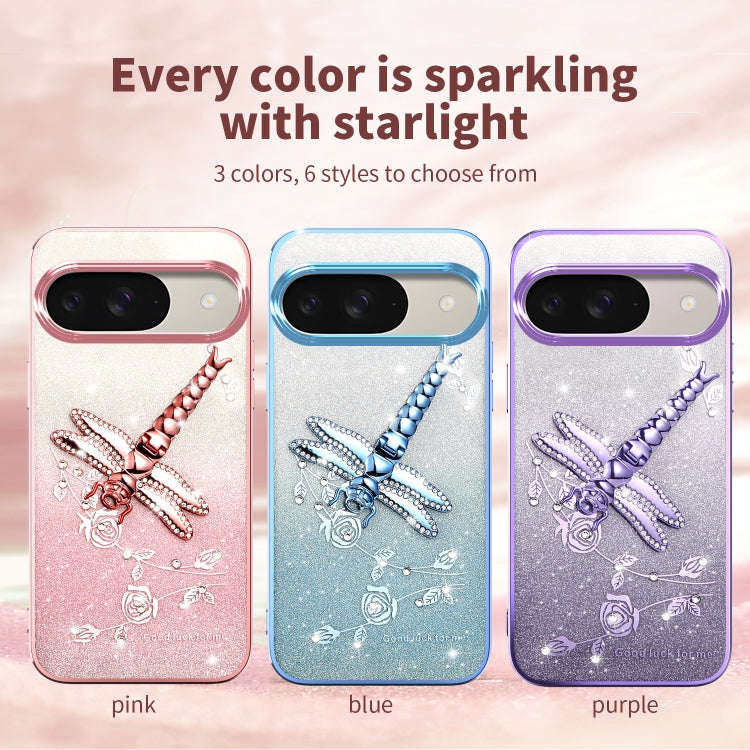 For Google Pixel 9 Pro Gradient Glitter Immortal 3D Dragonfly Holder Plated Phone Case(Purple)
