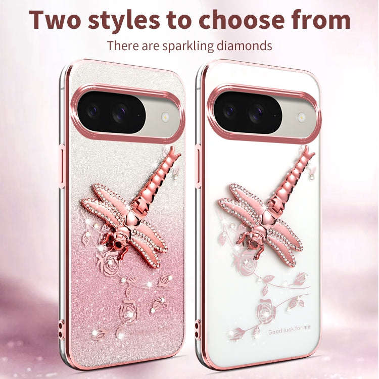 For Google Pixel 9 Pro Gradient Glitter Immortal 3D Dragonfly Holder Plated Phone Case(Purple)