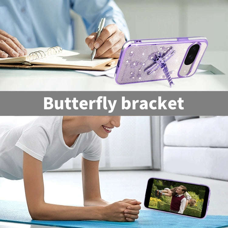For Google Pixel 9 Pro Gradient Glitter Immortal 3D Dragonfly Holder Plated Phone Case(Purple)