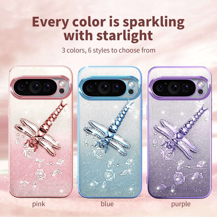 For Google Pixel 9 Pro XL Gradient Glitter Immortal 3D Dragonfly Holder Plated Phone Case(Purple)