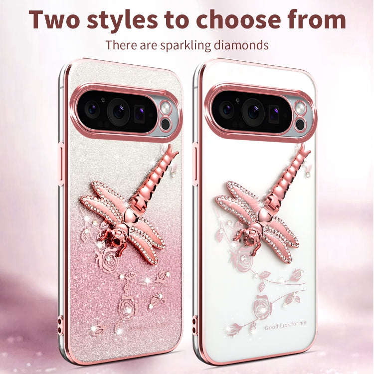 For Google Pixel 9 Pro XL Gradient Glitter Immortal 3D Dragonfly Holder Plated Phone Case(Purple)