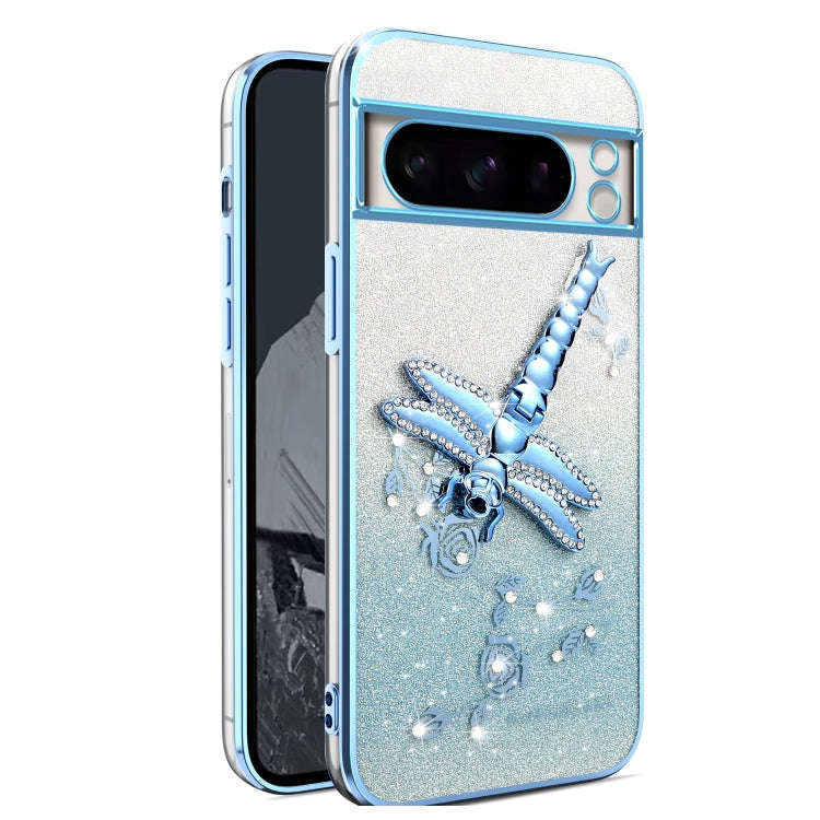 For Google Pixel 8 Pro Gradient Glitter Immortal 3D Dragonfly Holder Plated Phone Case(Blue)
