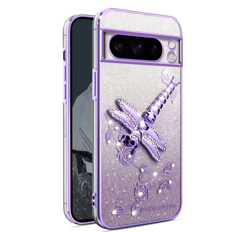 For Google Pixel 8 Pro Gradient Glitter Immortal 3D Dragonfly Holder Plated Phone Case(Purple)