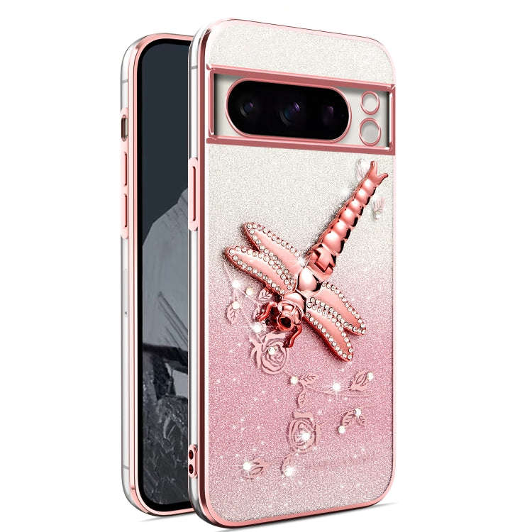 For Google Pixel 8 Pro Gradient Glitter Immortal 3D Dragonfly Holder Plated Phone Case(Pink)