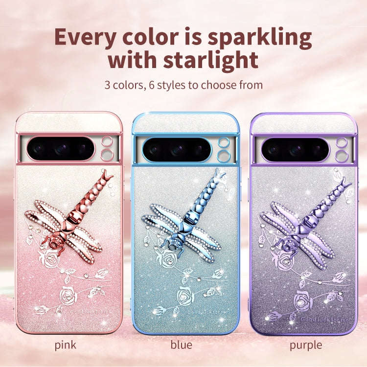For Google Pixel 8 Pro Gradient Glitter Immortal 3D Dragonfly Holder Plated Phone Case(Pink)