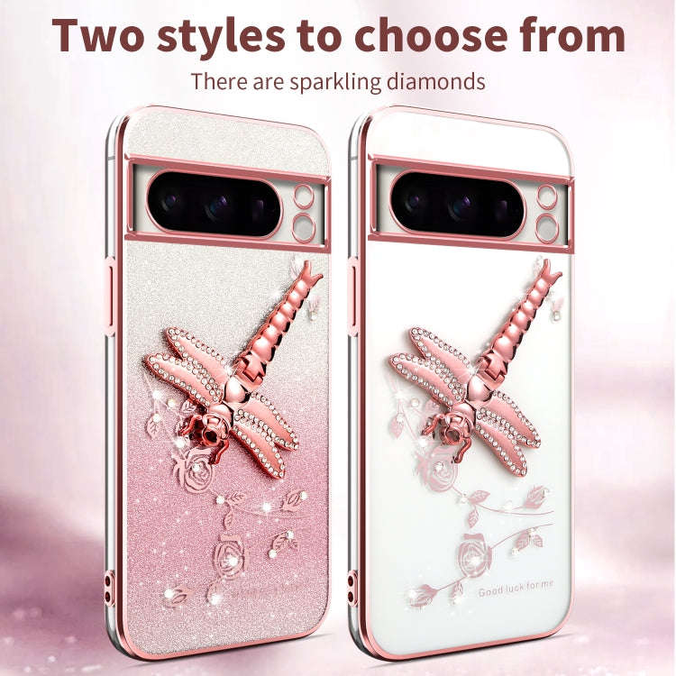 For Google Pixel 8 Pro Gradient Glitter Immortal 3D Dragonfly Holder Plated Phone Case(Pink)