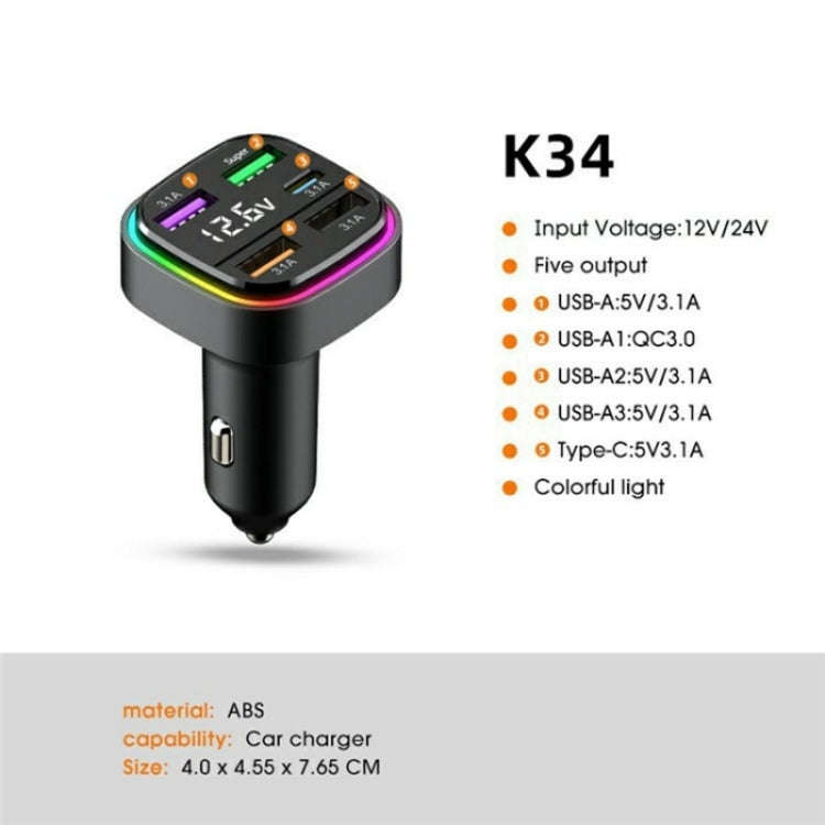 K34 With LED Display 5 Port USB Car Charger Cigarette Lighter Adapter