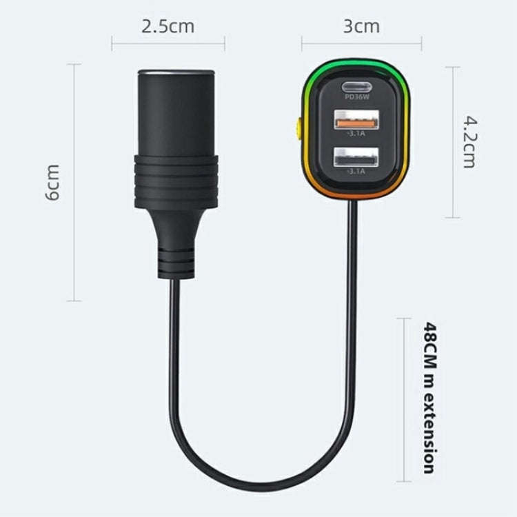 YQ9 12-24V Vehicles Type-C and Dual USB Car Front Rear Seat Cigarette Lighter Charger
