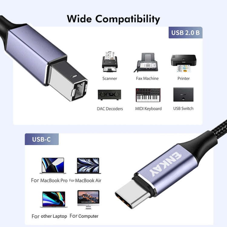 ENKAY ENK-CB170 USB C / Type-C to USB 2.0 B Printer Scanner Nylon Braided Cable, Length:2m