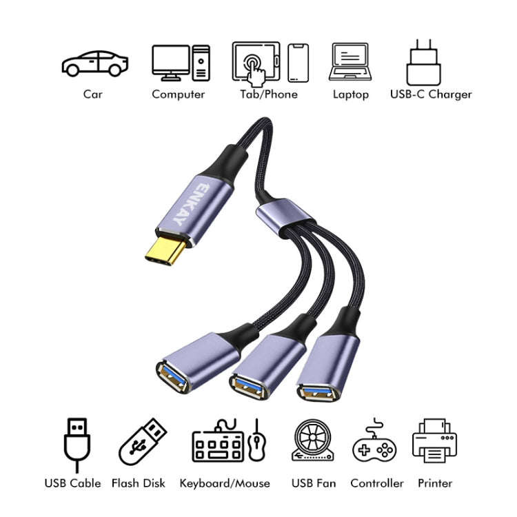 ENKAY ENK-CB171 Type-C to 3 USB 2.0 OTG Splitter Cable Extension Cord, Length:1.2m