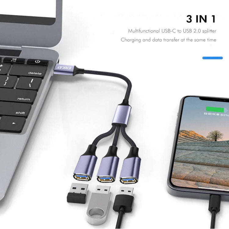 ENKAY ENK-CB171 Type-C to 3 USB 2.0 OTG Splitter Cable Extension Cord, Length:1.2m
