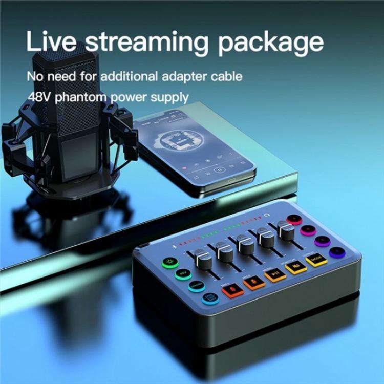 F9 48V Live Streaming Sound Card Audio Mixer Power Voice Changer with RGB Light(Black)