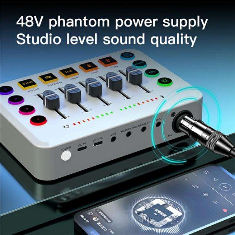 F9 48V Live Streaming Sound Card Audio Mixer Power Voice Changer with RGB Light(Black)