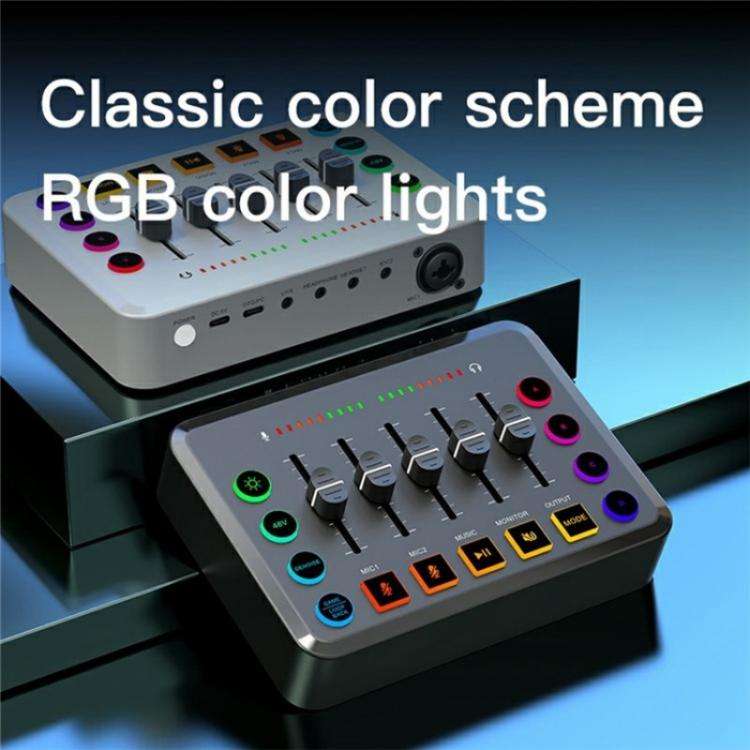 F9 48V Live Streaming Sound Card Audio Mixer Power Voice Changer with RGB Light(Black)