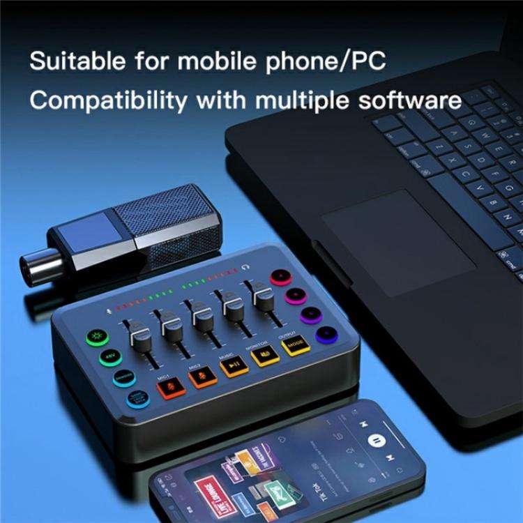 F9 48V Live Streaming Sound Card Audio Mixer Power Voice Changer with RGB Light(Black)