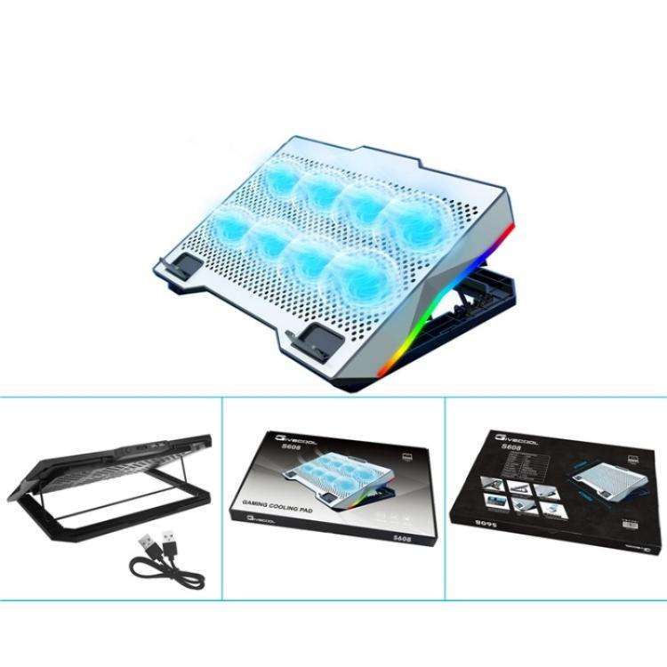 S608 RGB Light 8 Silent Fans Adjustable Height Stand Laptop Cooling Pad with Phone Holder