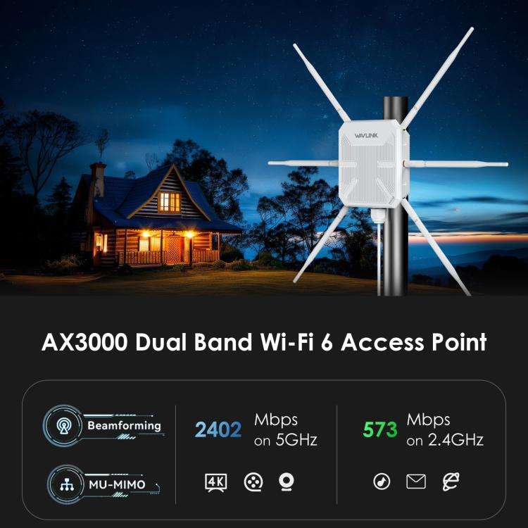 WAVLINK WN588HX3 AX3000 Outdoor WiFi Extender with 6 Antennas Dual Band WiFi Repeater, Plug:EU Plug