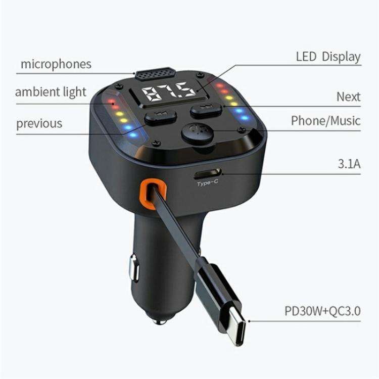 C69 PD 30W Fast Charger FM Transmitter Bluetooth Car Charger with Type-C Extendable Cable