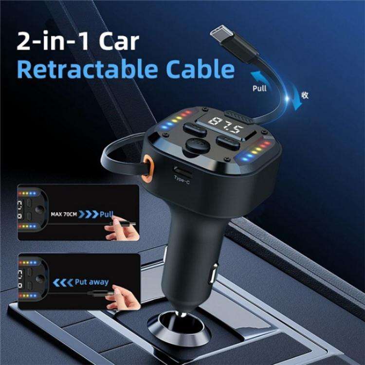 C69 PD 30W Fast Charger FM Transmitter Bluetooth Car Charger with Type-C Extendable Cable