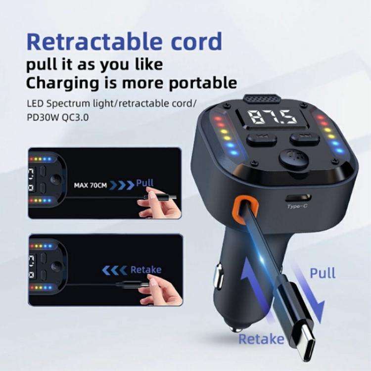 C69 PD 30W Fast Charger FM Transmitter Bluetooth Car Charger with Type-C Extendable Cable