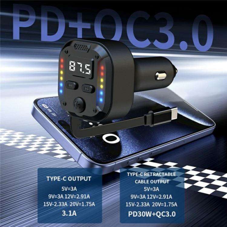 C69 PD 30W Fast Charger FM Transmitter Bluetooth Car Charger with Type-C Extendable Cable