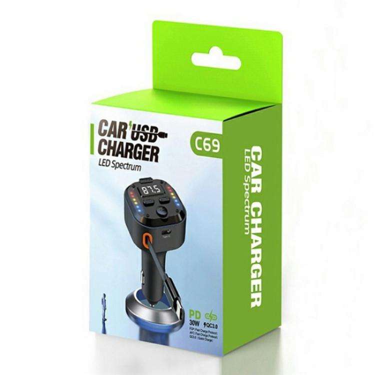 C69 PD 30W Fast Charger FM Transmitter Bluetooth Car Charger with Type-C Extendable Cable