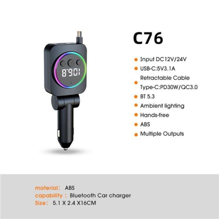 C76 Retractable Cable PD 30W Car Charger Cigarette Lighter Adapter Bluetooth FM Transmitter