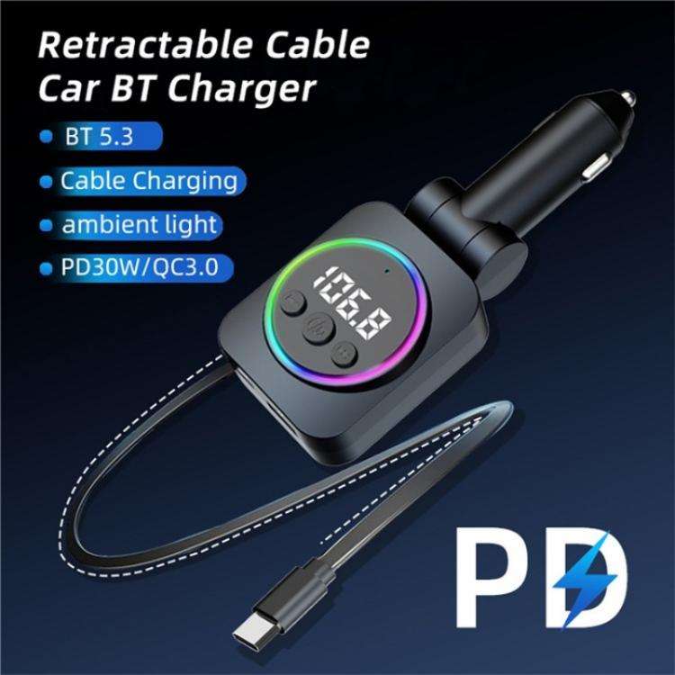 C76 Retractable Cable PD 30W Car Charger Cigarette Lighter Adapter Bluetooth FM Transmitter