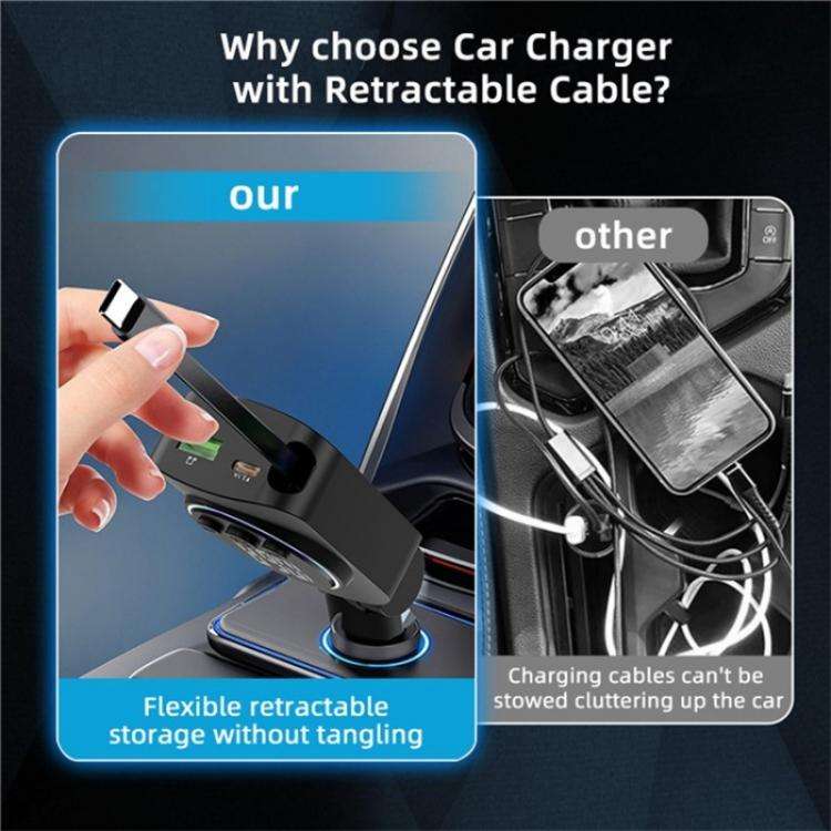 C76 Retractable Cable PD 30W Car Charger Cigarette Lighter Adapter Bluetooth FM Transmitter