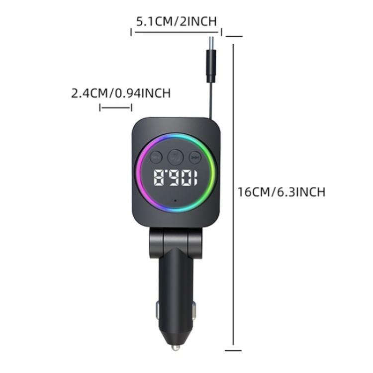 C76 Retractable Cable PD 30W Car Charger Cigarette Lighter Adapter Bluetooth FM Transmitter