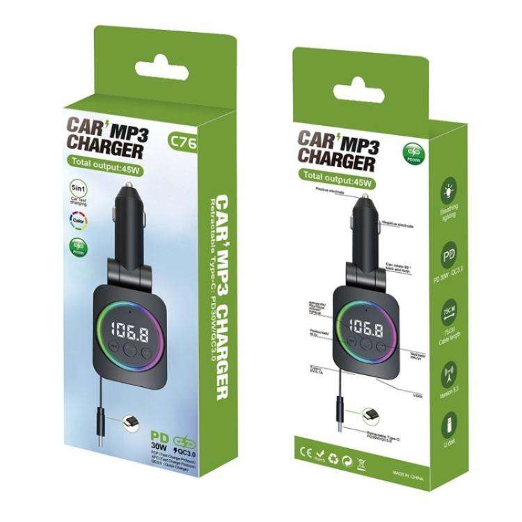 C76 Retractable Cable PD 30W Car Charger Cigarette Lighter Adapter Bluetooth FM Transmitter