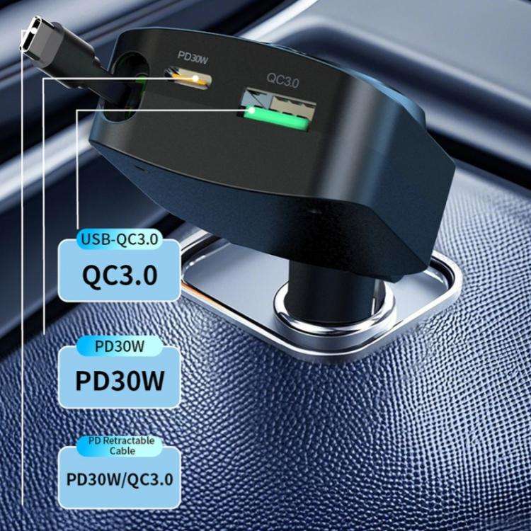 K38 Retractable Cable USB + Type-C Car Charger PD 30W Fast Charging Cigarette Lighter Adapter